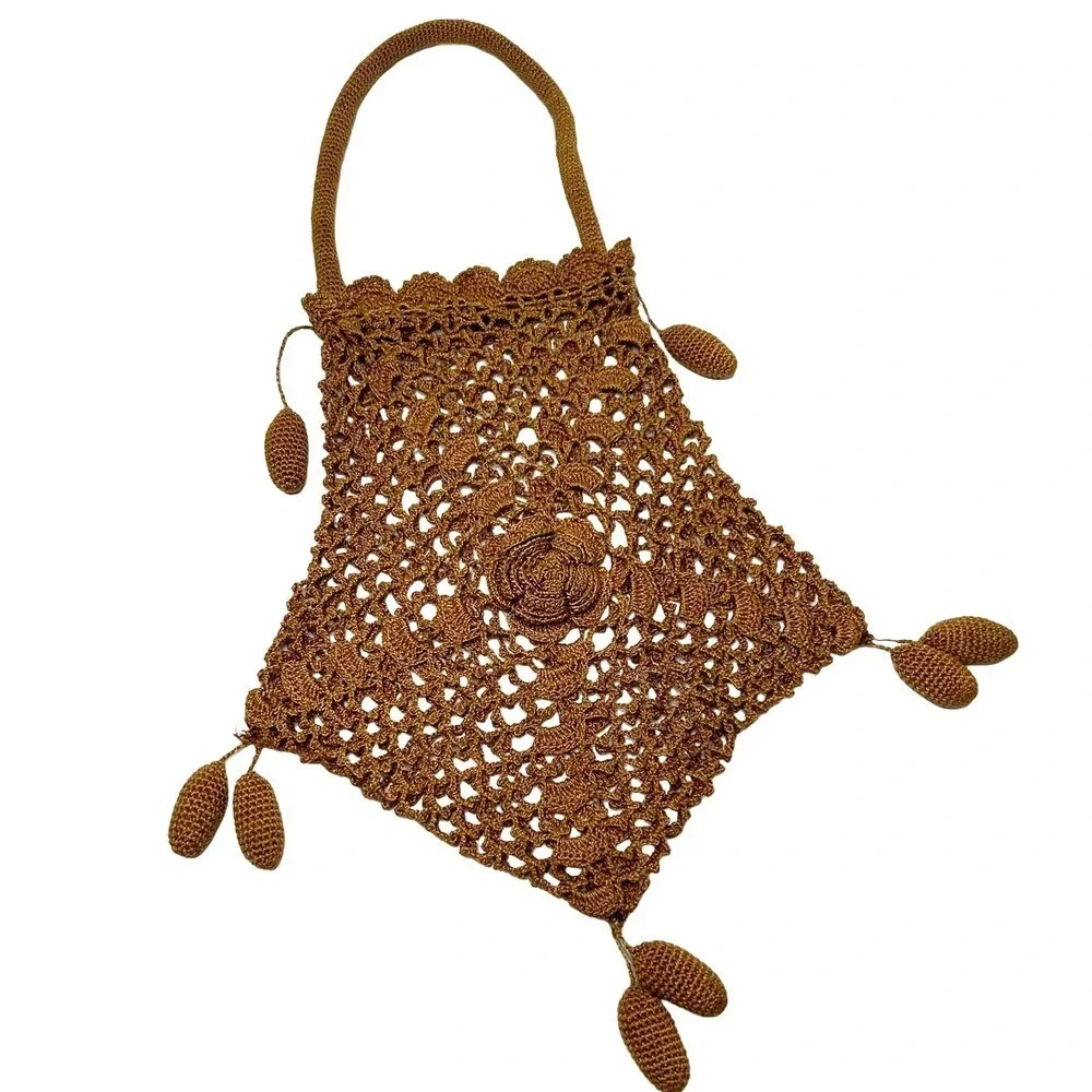 Vintage Handmade Open Crochet Drawstring‎ Handbag Purse Bag Unlined